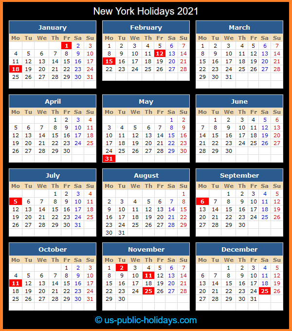 New York Holiday Calendar 2021